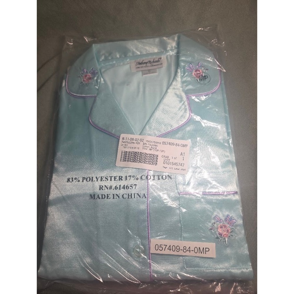 Anthony Richards Aqua Blue Satin Pajama Set Floral Embroidery Size MP NIP